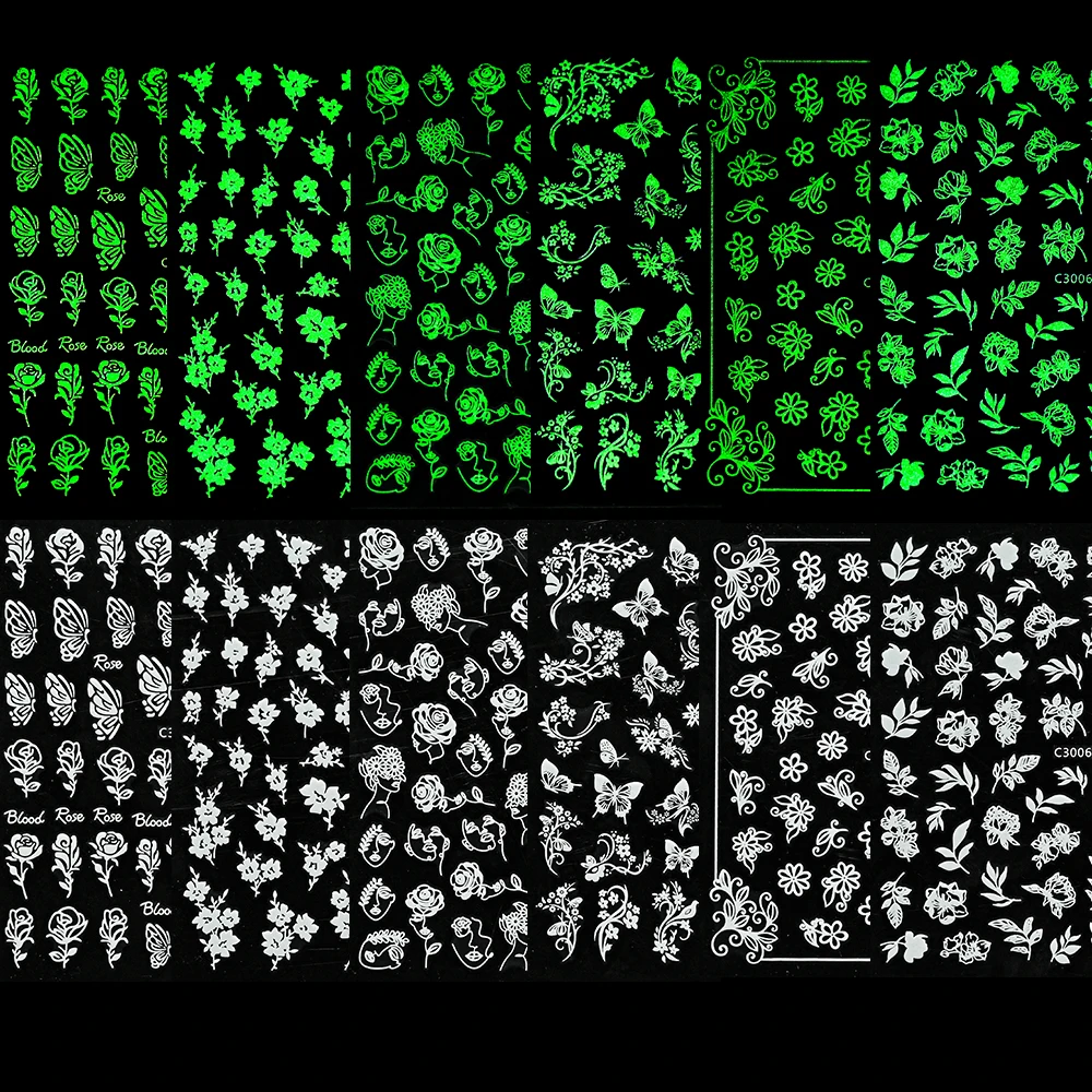 6 adet 3D aydınlık tırnak çıkartmaları Glow karanlık kelebek/çiçek/yaprak kaymak tırnak çıkartmaları için floresan manikür aksesuarları #