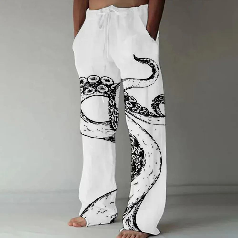 الربيع والصيف أزياء الكارب 3D الرقمية المطبوعة السراويل الساق المستقيمة الرجال الكتان عارضة تنفس الرياضة السراويل واسعة الساق