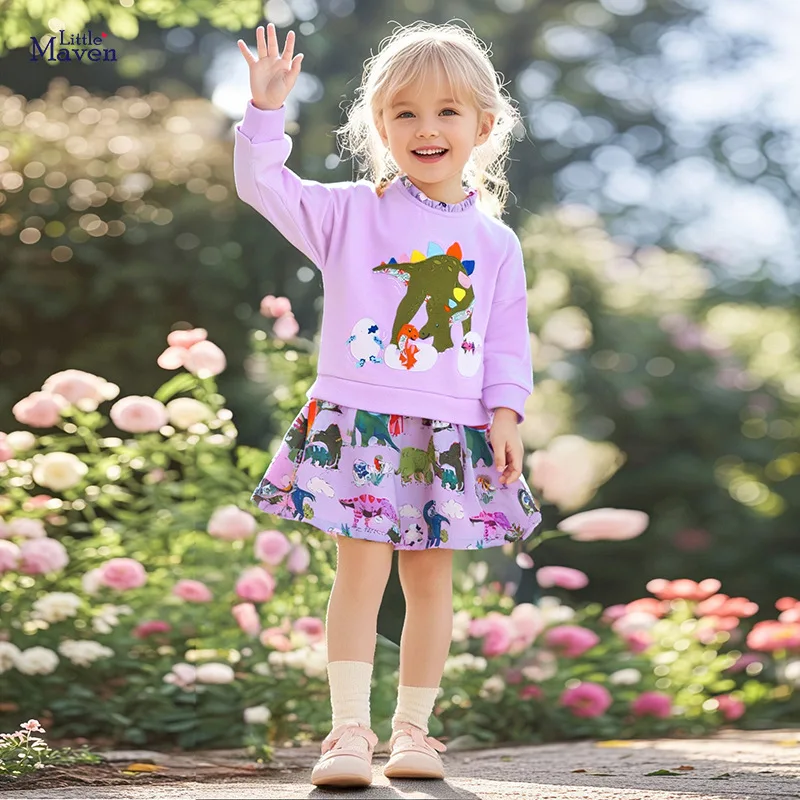 2025 Nuovo set viola autunnale Dinosauro dei cartoni animati europei e americani Felpa con cappuccio stampata morbida e carina in 100 cotone