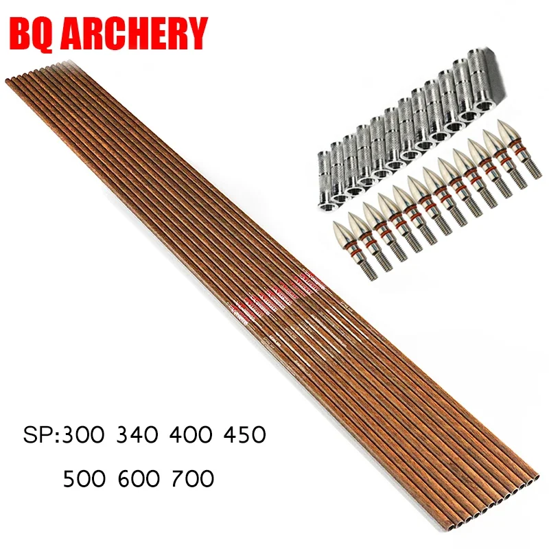 

12pcs Archery Wood Skin Carbon Arrows Shaft 100gr Tips Aluminium Insert Traditional Compound Bow Hunting