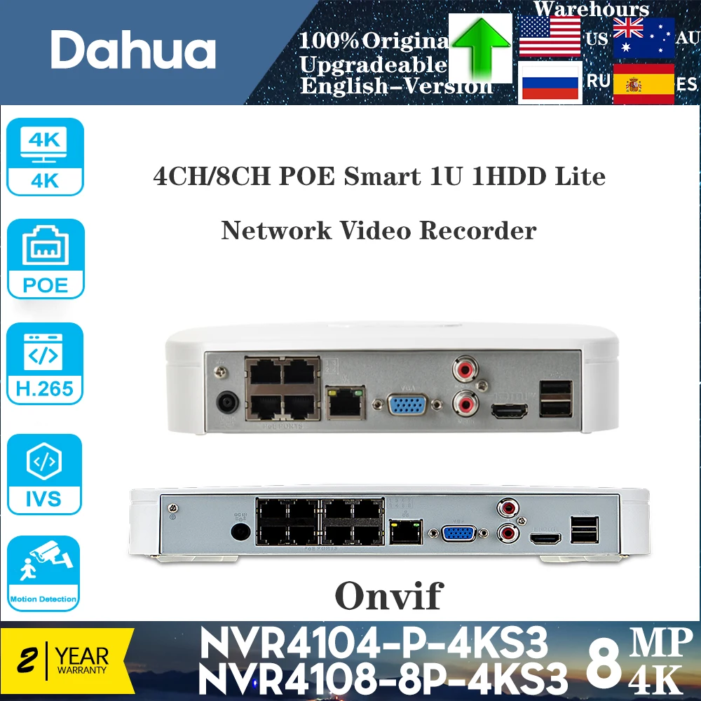 

Dahua NVR4108-8P-4KS3 4K 8CH 8POE NVR 4CH 4POE NVR4104-P-4KS3 AI Smart Heat Map Face Recognition Face Detection Onvif CCTV