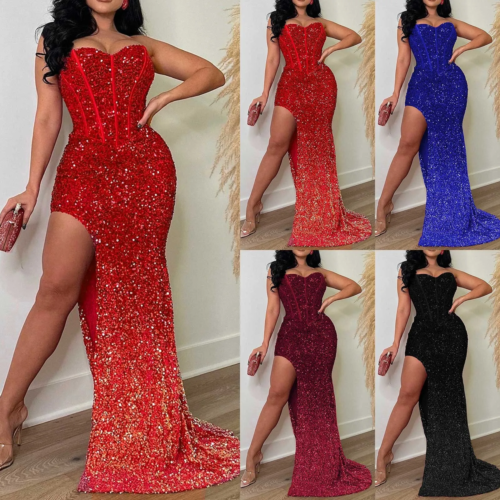 Formal Dress Off The Shoulder Mermaid Evening Dress Red Stretchy Sequin Velvet Slash Neck Floor Length Luxury Women Party Dress