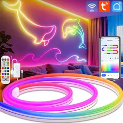 Tuya WiFi LED Neon Strip Light 5V RGBIC Dimmable LED Strip Bluetooth APP Control Waterproof Silicone Tube Neon Tape Wall Decor