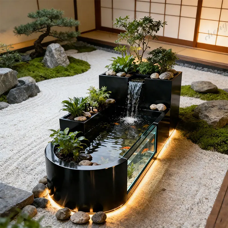 A139 courtyard terrace fish pond waterfall fountain flowing water ornament metal balcony stainless steel fish tank