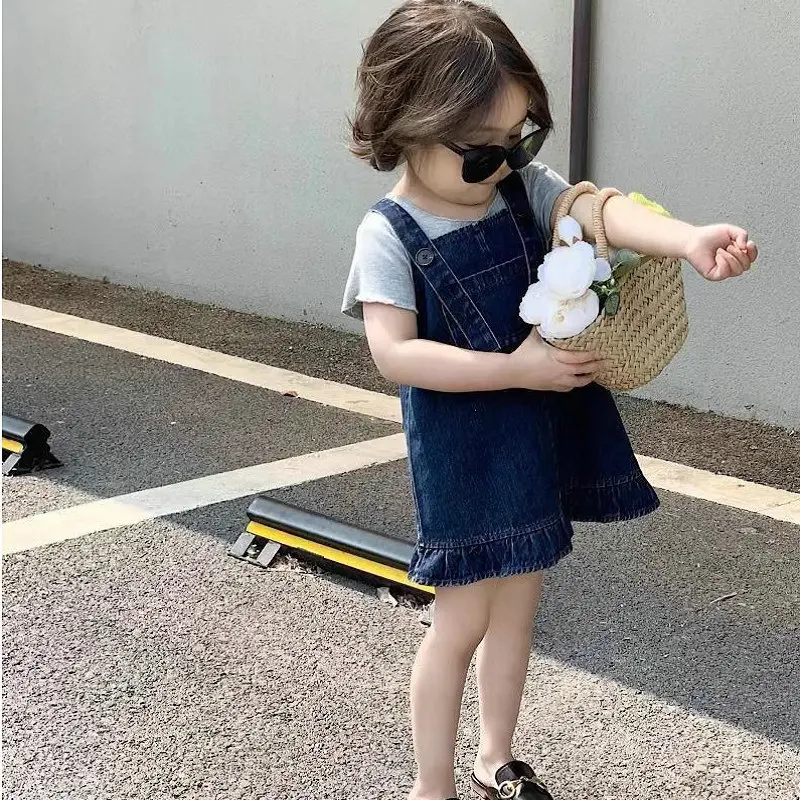 

Girls Denim Dress Set Short Sleeved Fungus Edge Top and Denim Vest Skirt Two Piece Set 2025 Summer New Children Clothing