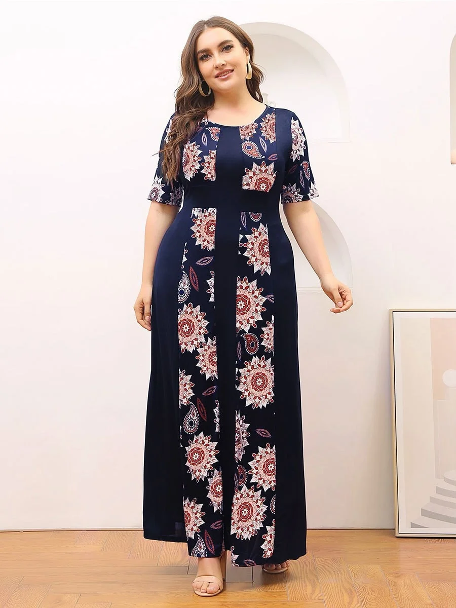 Summer Plus Size Women Dresses Fashion Print A-line Long Dress Casual Short Sleeve Print Temperament Commute Ladies Dress 2023