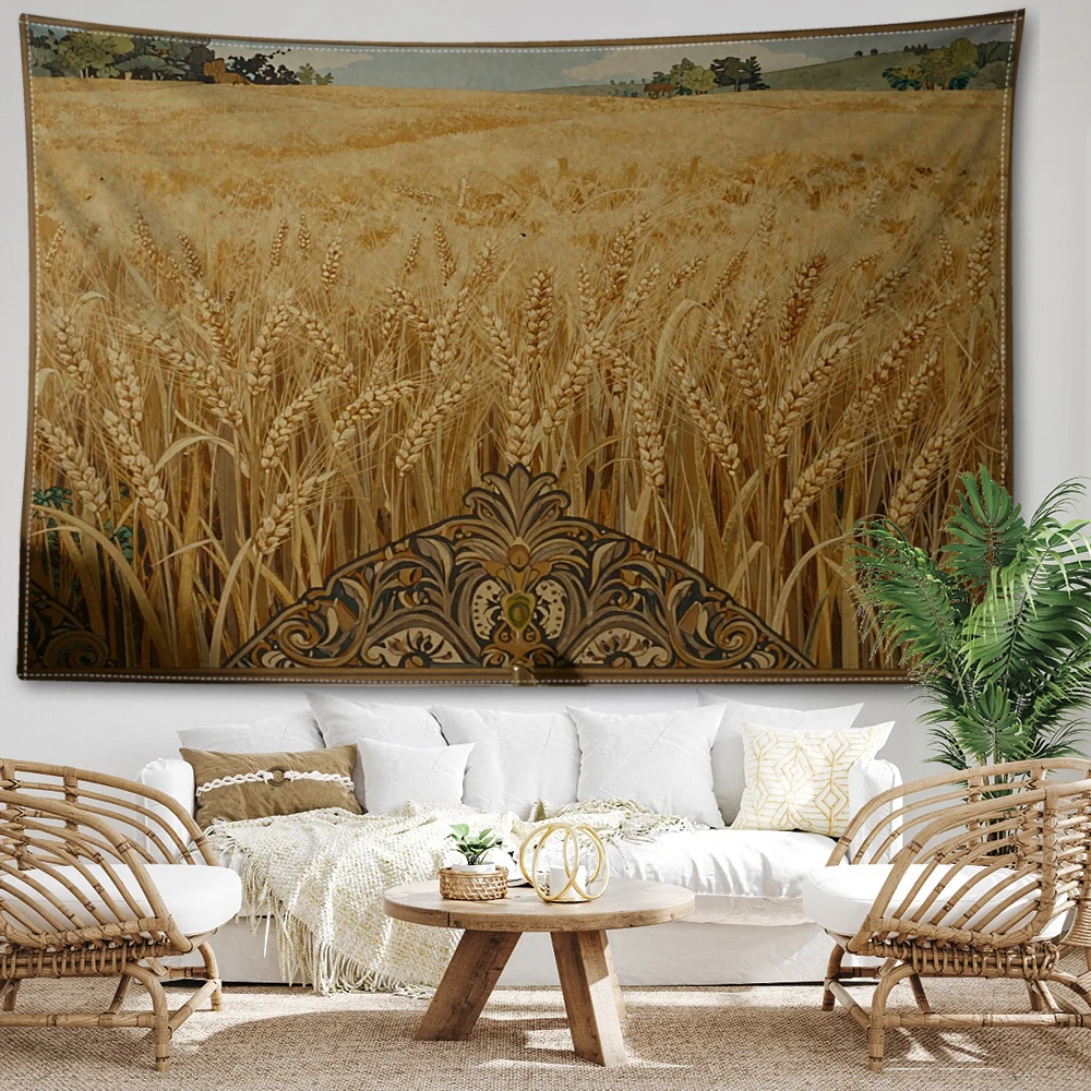 Golden Wheat Field Fan Paisley Printed Tapestry Wall Hanging Bohemian Style Bedroom Home Decor