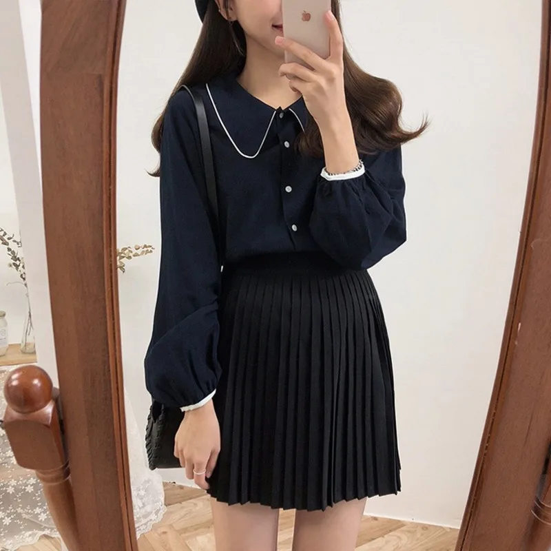 Button Up Shirts Women Retro Sweet All-match High Street Fashion Gentle Peter Pan Collar Long Sleeve Blouses Girls Preppy Style