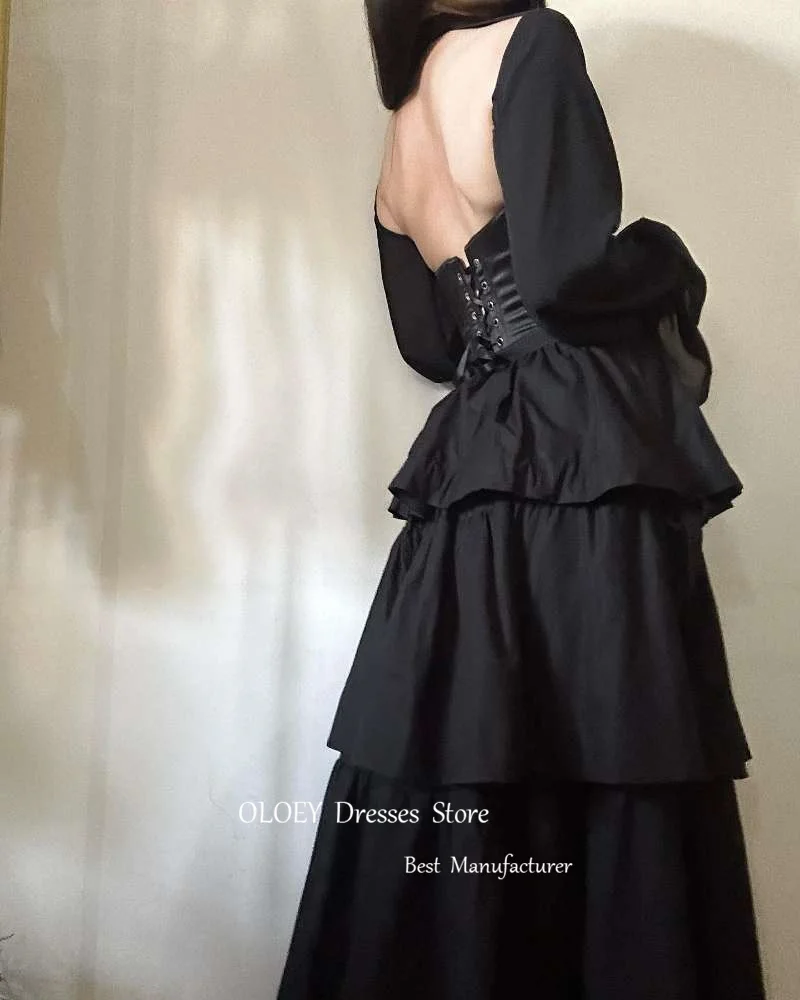 OLOEY Black Evening Dresses With Jacket Long Sleeves Lace Taffeta Ruffles Party Dress Girls Formal Occasion Gowns Robe de soiree