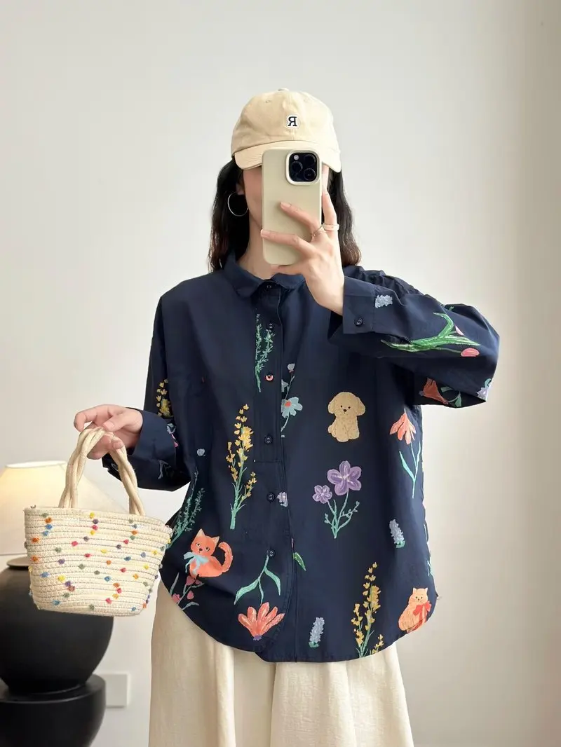 جديد 2025 الخريف قميص قطني بكم طويل ، المرأة بدوره إلى أسفل طوق طباعة ، موري فتاة الفرنسية تخفيض العمر بلوزة فضفاضة T5O676CC #3