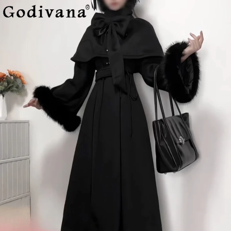 

Winter New Gothic Elegant Woolen Coat Set for Women Heavy Craft Lolita Mid Length Cloak Female Japanese Style Overcoat