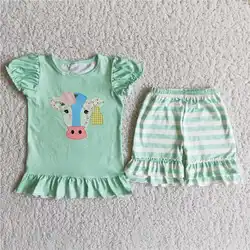 Wholesale Children Boutique Summer Clothes Baby Girl Sets Short Sleeves Green Cow Shirt Ruffle Striped Shorts Kids Outfit