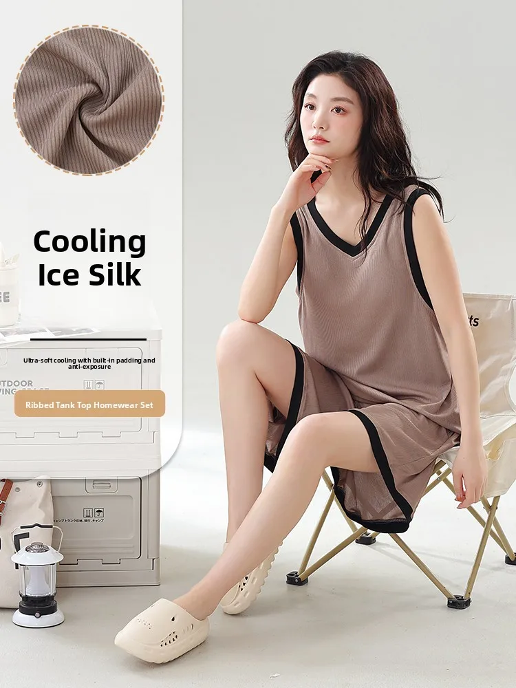 Conjunto de Roupa de Casa Fena de Verão, Sensação Refrescante, Csola Sem Mangas de Seda Gelada, com Bojo Inteado, Fi...