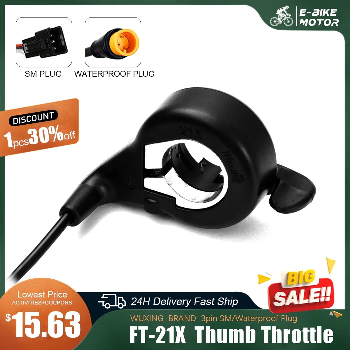 Ebike Thumb Throttle WUXING FT21X Finger Throttle 36V-72V Universal voltage Right Thumb Throttle for E Bikes or Electric Scooter