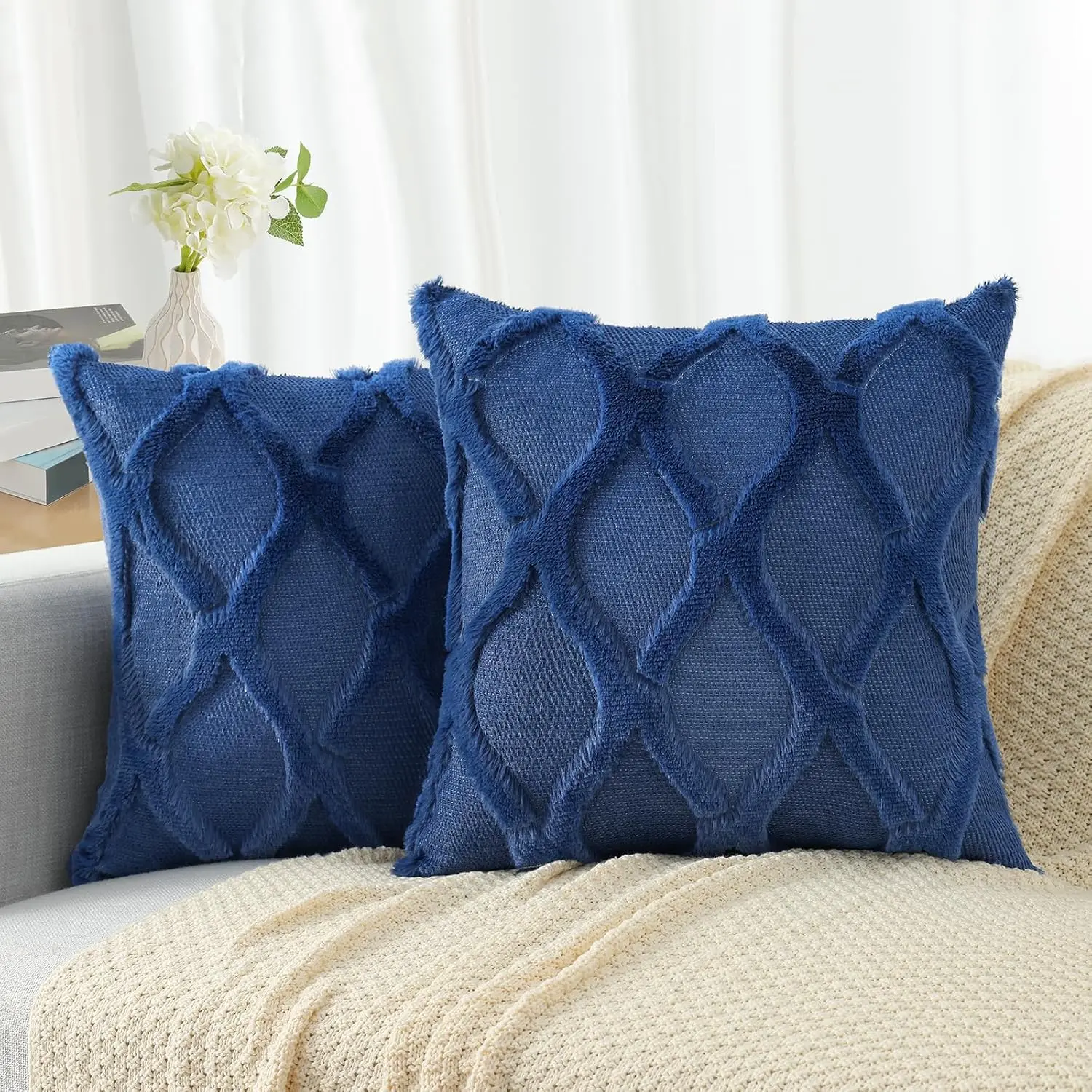 

Throw Pillow Covers 22X22 H Set Of 2, Soft Plush Wool Dark Blue Couch Pillow Covers, Decorative Pillow Cases For Bed Sofa