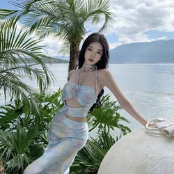 Vacation Rose Strap Skirt Women's Summer 2024 New Beach Dopamine Sexy Shoulderless Long Dress
