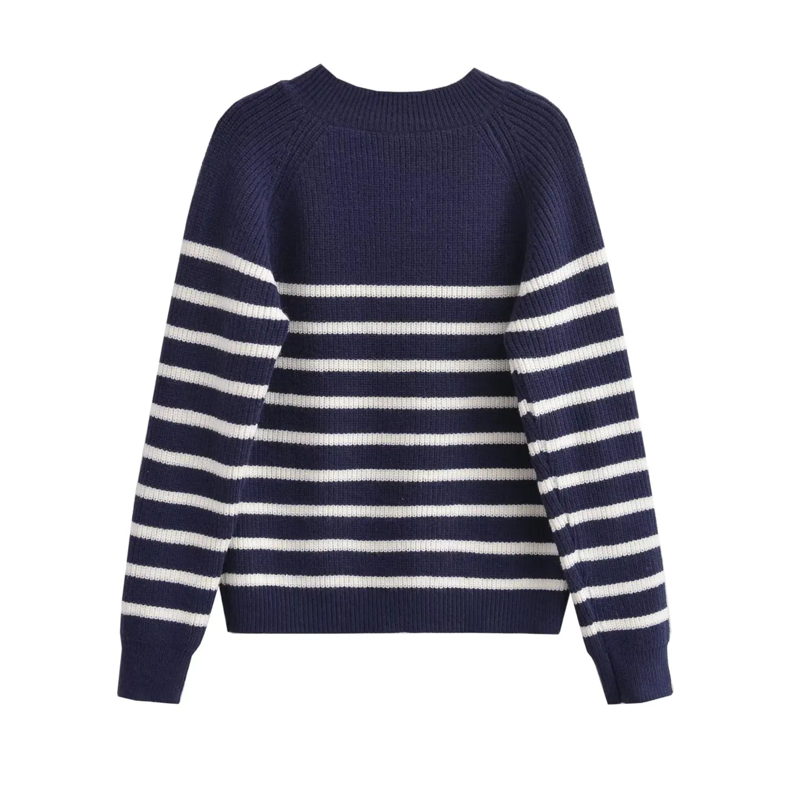 Withered Patchwork Navy Blue French Retro Striped Sweater Winter Button Decoration Fashion Knitwear Women Tops