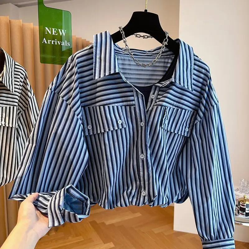 

Spliced striped Shirt 2025 Autumn New Style of the Forest Loose Casual Small Short Top Jacket