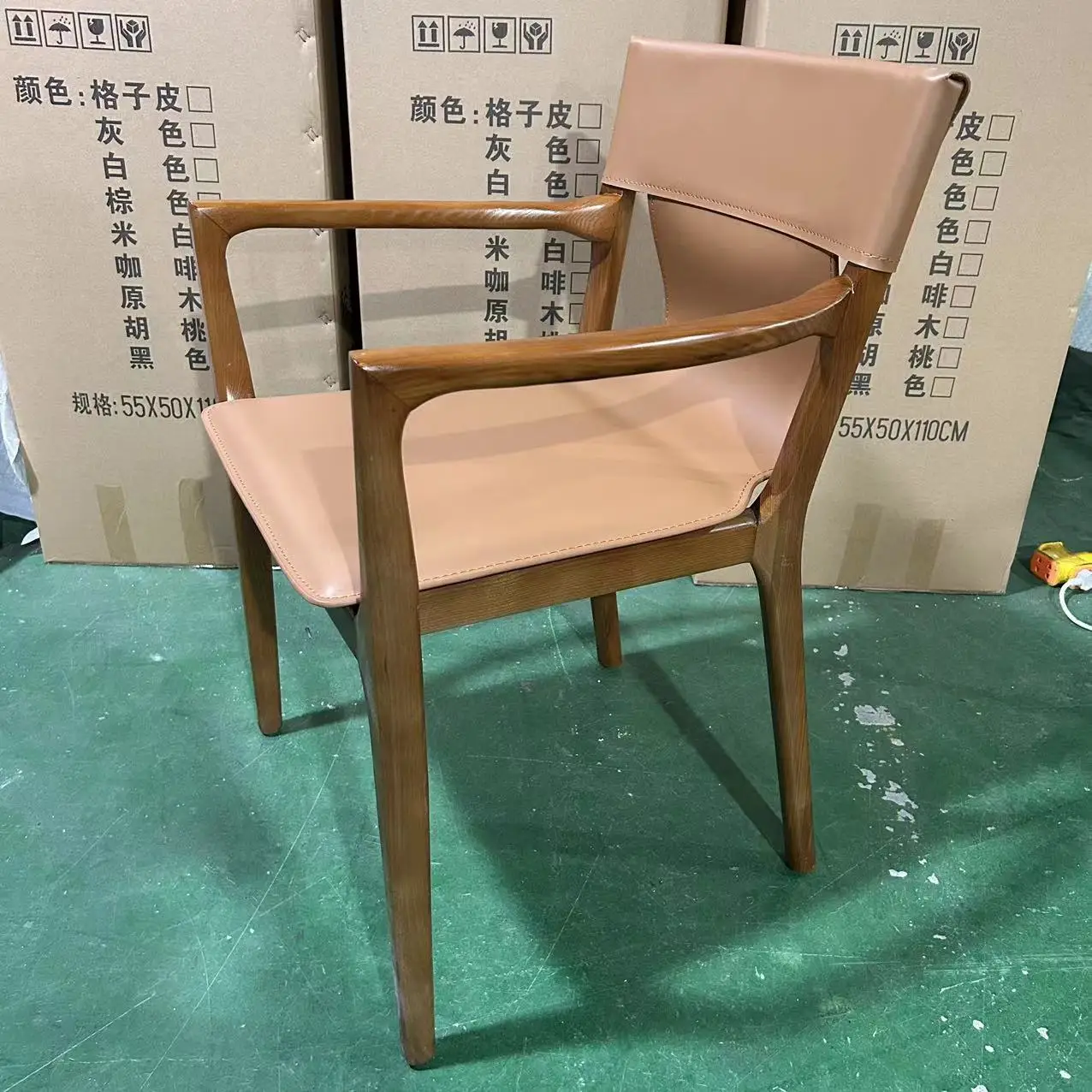 Italian home design backrest dining chair modern simple solid wood saddle leather chair soft armchair model room chair