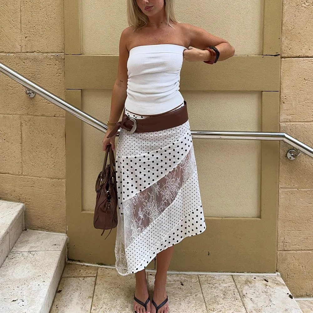 

Women Polka Dot Lace Skirt White High Wasit See Through Lace Patchwork A-line Skirts Y2K Chic Streetwear Female Elegant Skirt