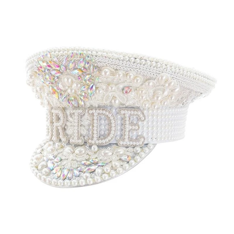 49MF Gleaming Bride Hat Pearls Captain Hat Encrusted Rhinestones and Tulle Flower