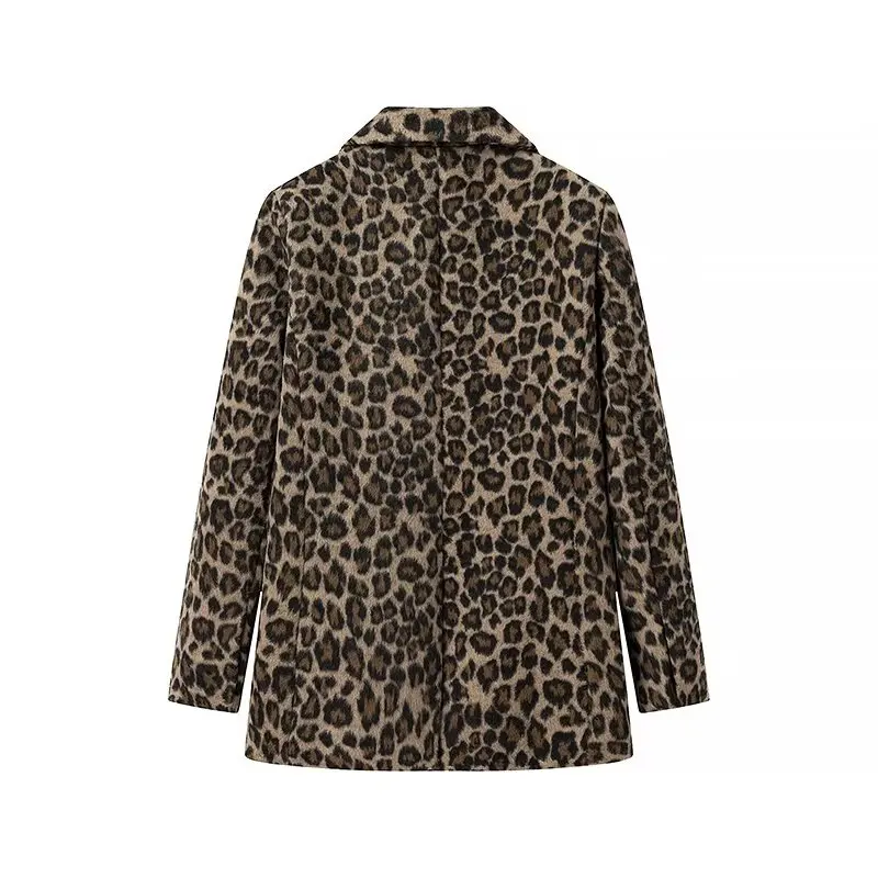 Woollen Woman Vintage Jacket Leopard Single Breasted Pocket Casual Long Sleeve Short Coat 2024 Ladies Autumn High Street Outwear