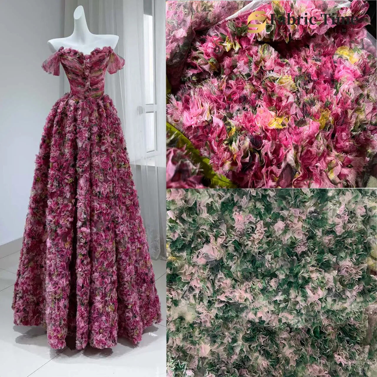 

Pink green three-dimensional flower tulle fabric Wedding dress Formal dress Performance costume Children's clothing Fabric