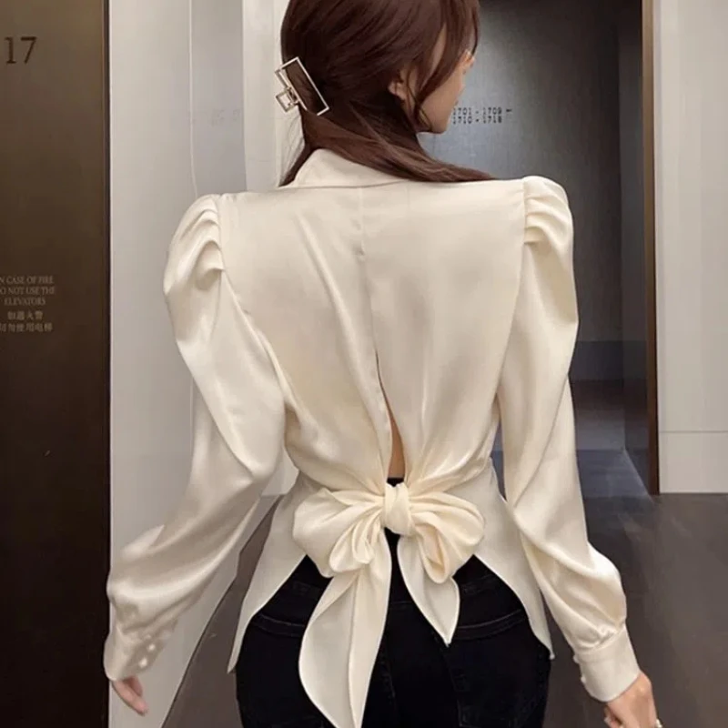 Fashion Bow Satin Shirt Spring Autumn Korean Temperament Tunic Puff Sleeve Button-down Shirts Solid Elegant Female Blouses Top