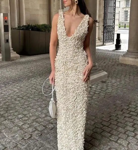 

Women's Dress Summer New French Elegant Fashion Sexy Flower 3D Rose Design Deep V-Neck Waist Cinching Slit Wrapped Hip Dress