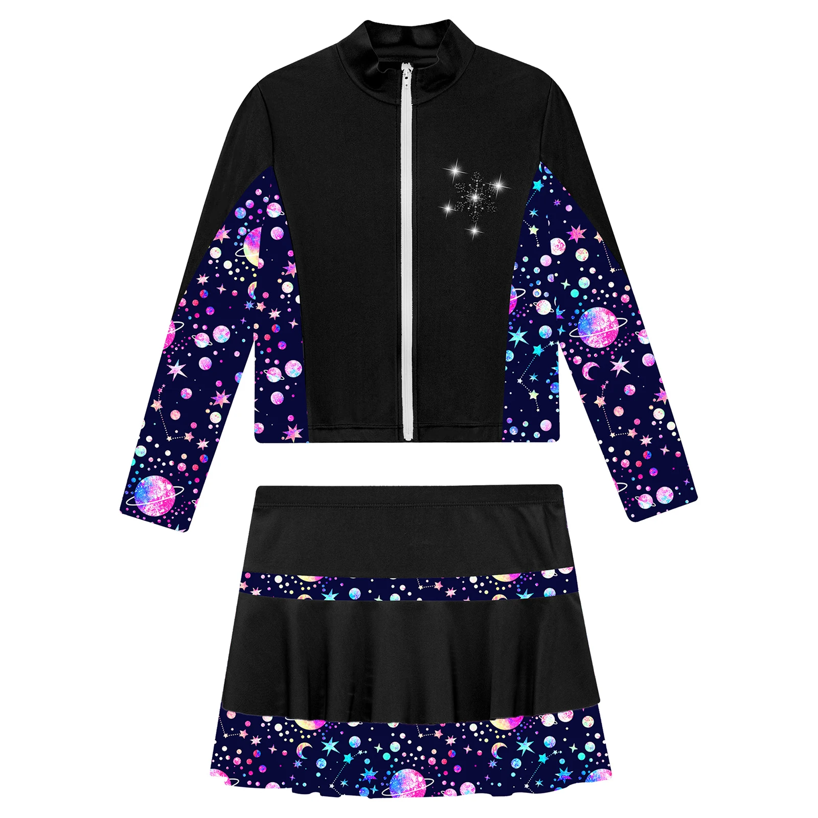 Kids Girls Figure Skating Competition Outfit 2Pcs Long Sleeve Zipper Front Printed Sweatshirt with Skirt Set for Fitness Workout