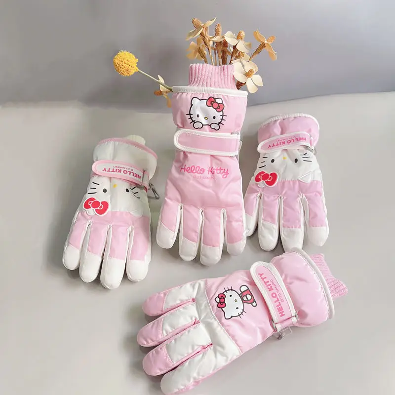 New Cartoon Sanrio Hello Kitty Innovative High-Look Ski Cycling Kawaii Girls Outdoor Warm Gloves Soft Plush Winter Snow Gift