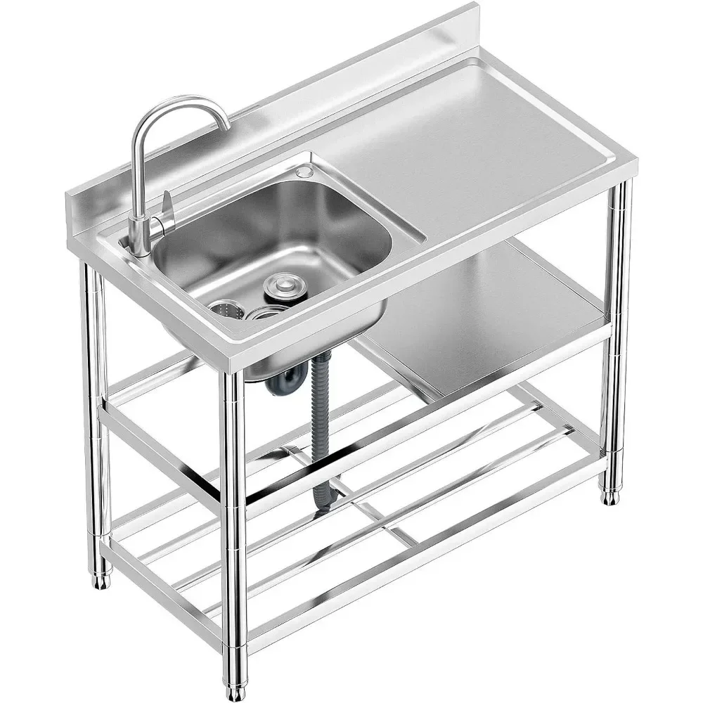 Independent Stainless Steel Single Bowl with Faucet, Workbench and Dual Storage Rack for Indoor and Outdoor Use (39.5 Inches)