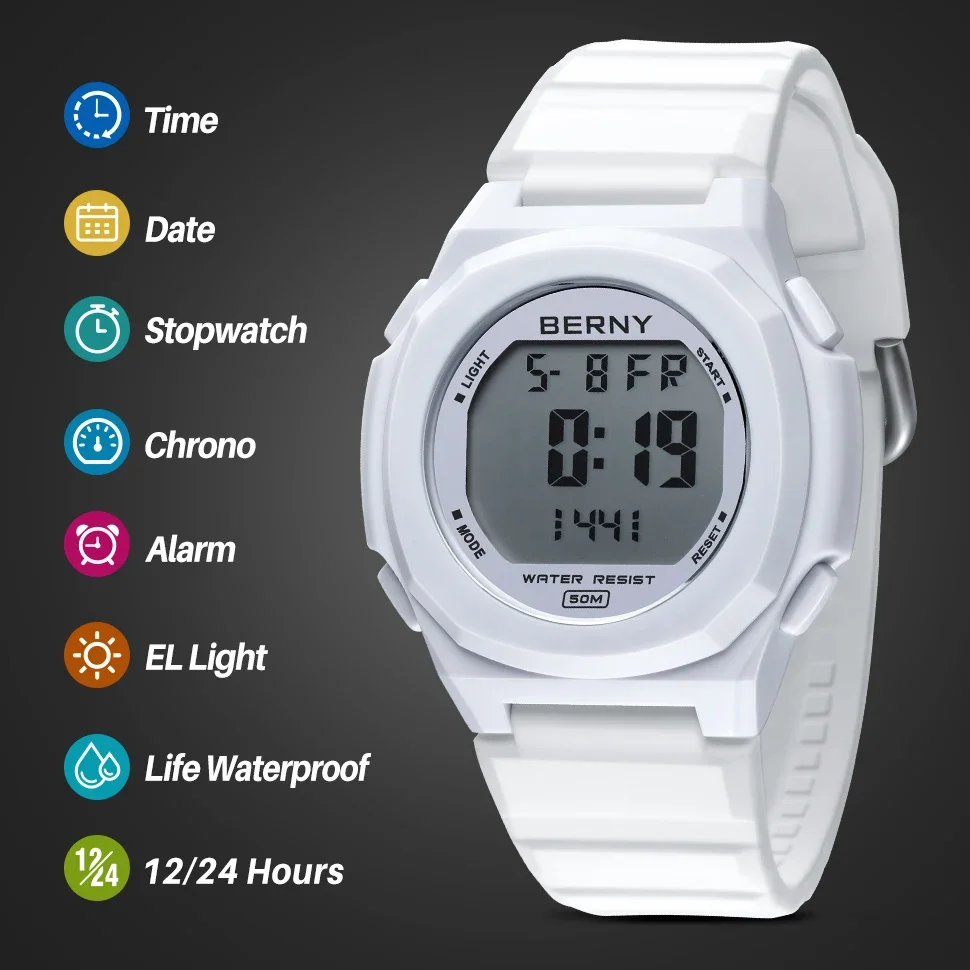 BERNY Men's Watch Electronic Digital Men Sports Watches Alarm Date Multifunctional Outdoor 50M Waterproof Student Wristwatches