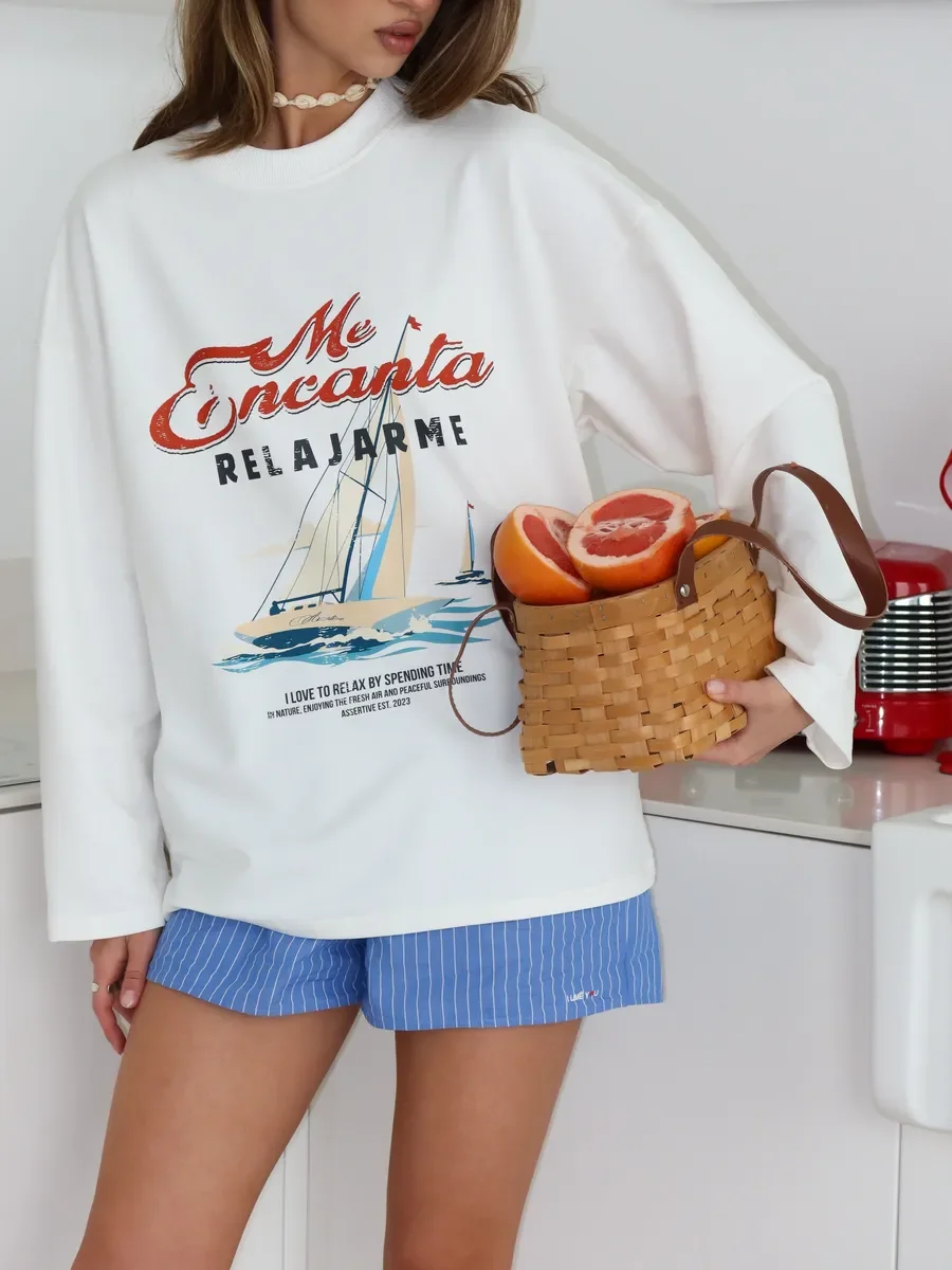 Autumn Women's 100% Cotton Long Sleeve  Sailboat Letter Graphic Print T‑Shirt Loose Casual Top Streetwear Versatile Basic Tee