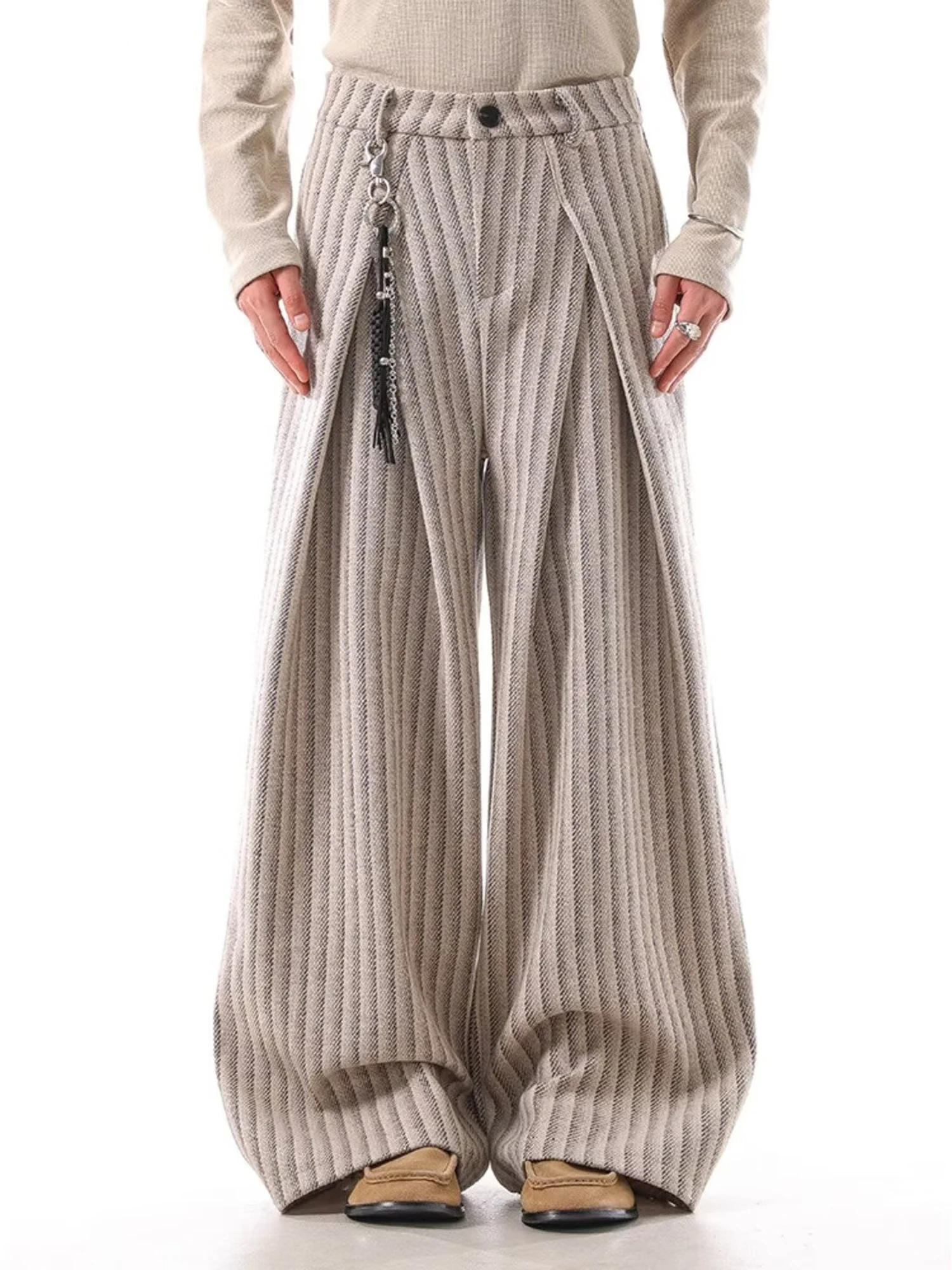 

Модные повседневные брюки для мужчин в американском ретро-стиле, осенне-зимние, свободные, широкие, шерстяные, плиссированные, в полоску, для отдыха