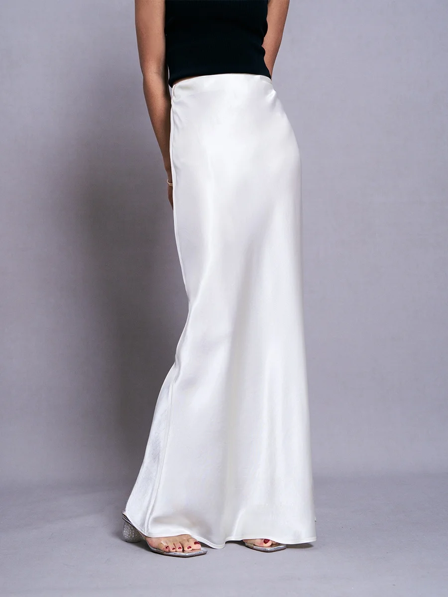 Acetate Satin Long Draping Skirt A-Line High Waist Folded Design Floor-Length Elegant Women's Fashion Autumn Season