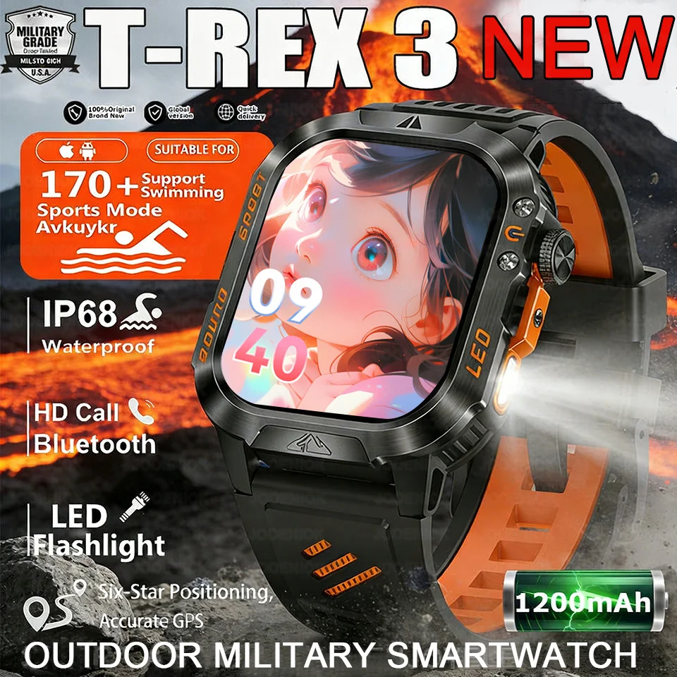 

Смарт-часы 2026 T-Rex 3 Military с аккумулятором 1200 мАч, GPS, фонариком, экраном 2,01 дюйма, Bluetooth-звонками и поддержкой 170+ видов спорта