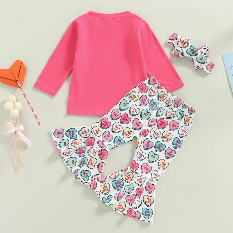 Valentine s Day Toddler Girls Outfit Long Sleeve Crew Neck T-Shirts Heart Print Flare Pants Headband 3Pcs Set Love Theme