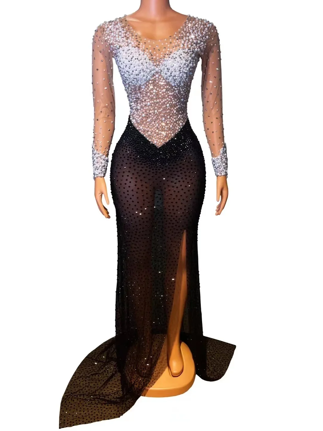 Robe de Scène Transparente avec Perles et Strass pour Femme, Tenue de Soirée avec Long Traîne, Costume de Danseuse, Tenue d'Anniversaire