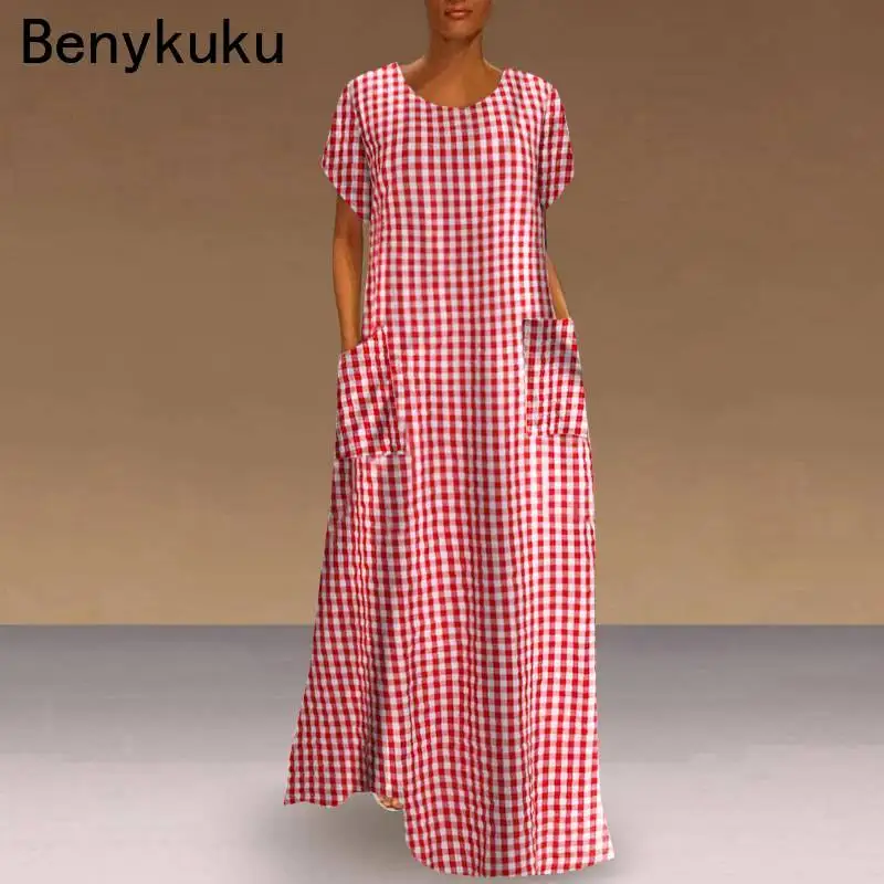 Plaid Check Bohemian Maxi Long Dress Loose Kaftan Women Vintage Plus Size Sundress Casual Robe Femme Ladies Short Sleeve Vestido