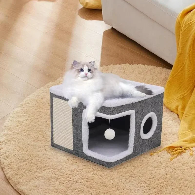 Foldable Cat House with A Built-in Scraper Features A Sleek Modern Design and Includes A Non-slip Bottom for Added Stability