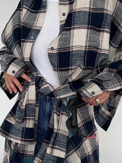 Loose Plaid irt Jaet for Women Big Pattern Flannel Long Sve Turn-down Collar Casual Street Sle Polyester Outerwear