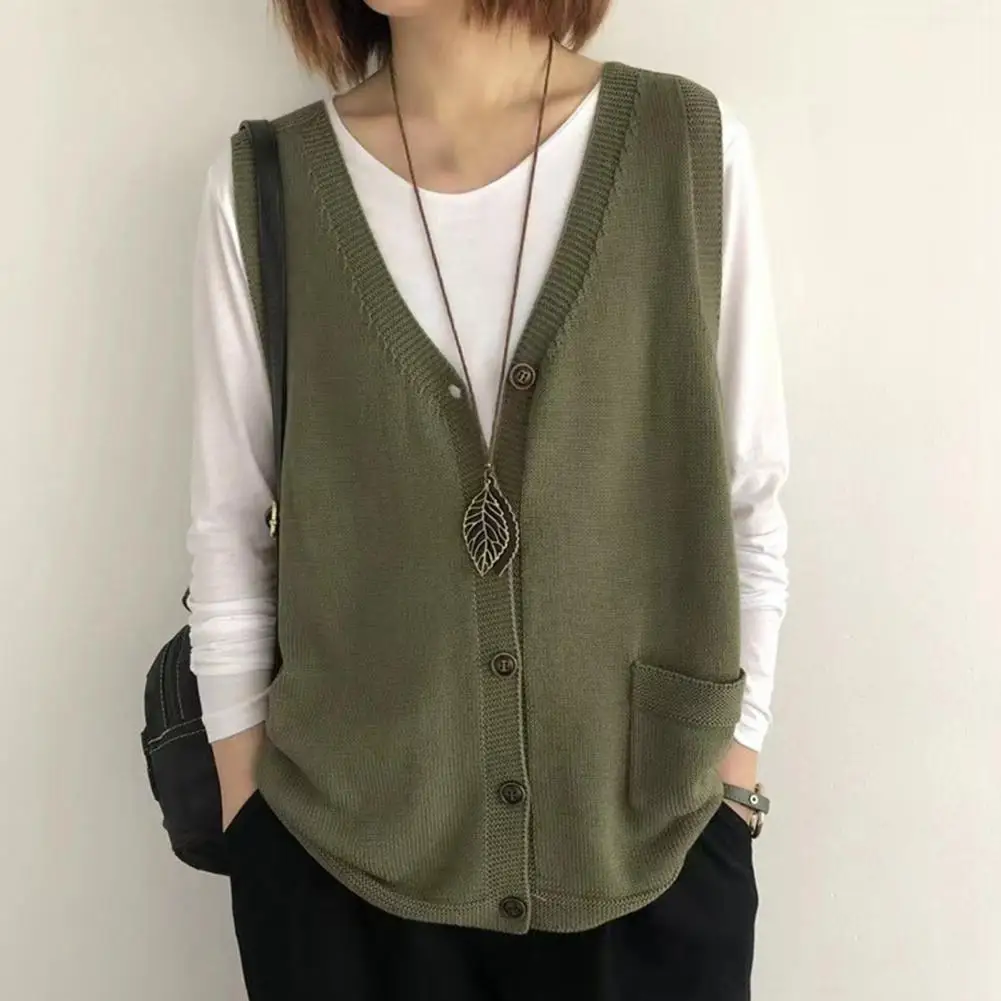 

Warm Women Vest Cozy V-neck Knitting Vest for Women Warm Waistcoat with Pockets Solid Color Loose Fit Tank Top Solid Color Women