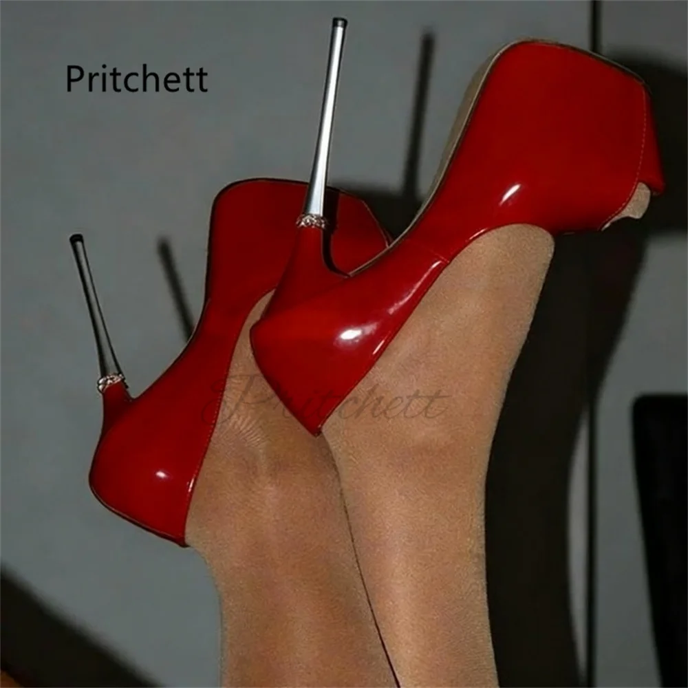 

Sexy Peep Toe Platform Pumps for Women Patent Leather Steel High Heels Solid Color Summer Stilettos Party Nightclub Dance Shoes