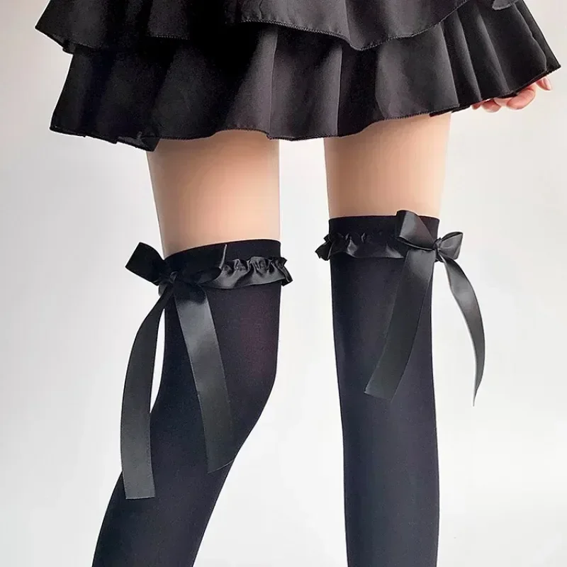 Women's Delicate Bow Velvet Thigh High Stockings Spring Summer Soft Lolita Lace-trimmed Bow Ribbon Jk Thin Over-the-knee Socks