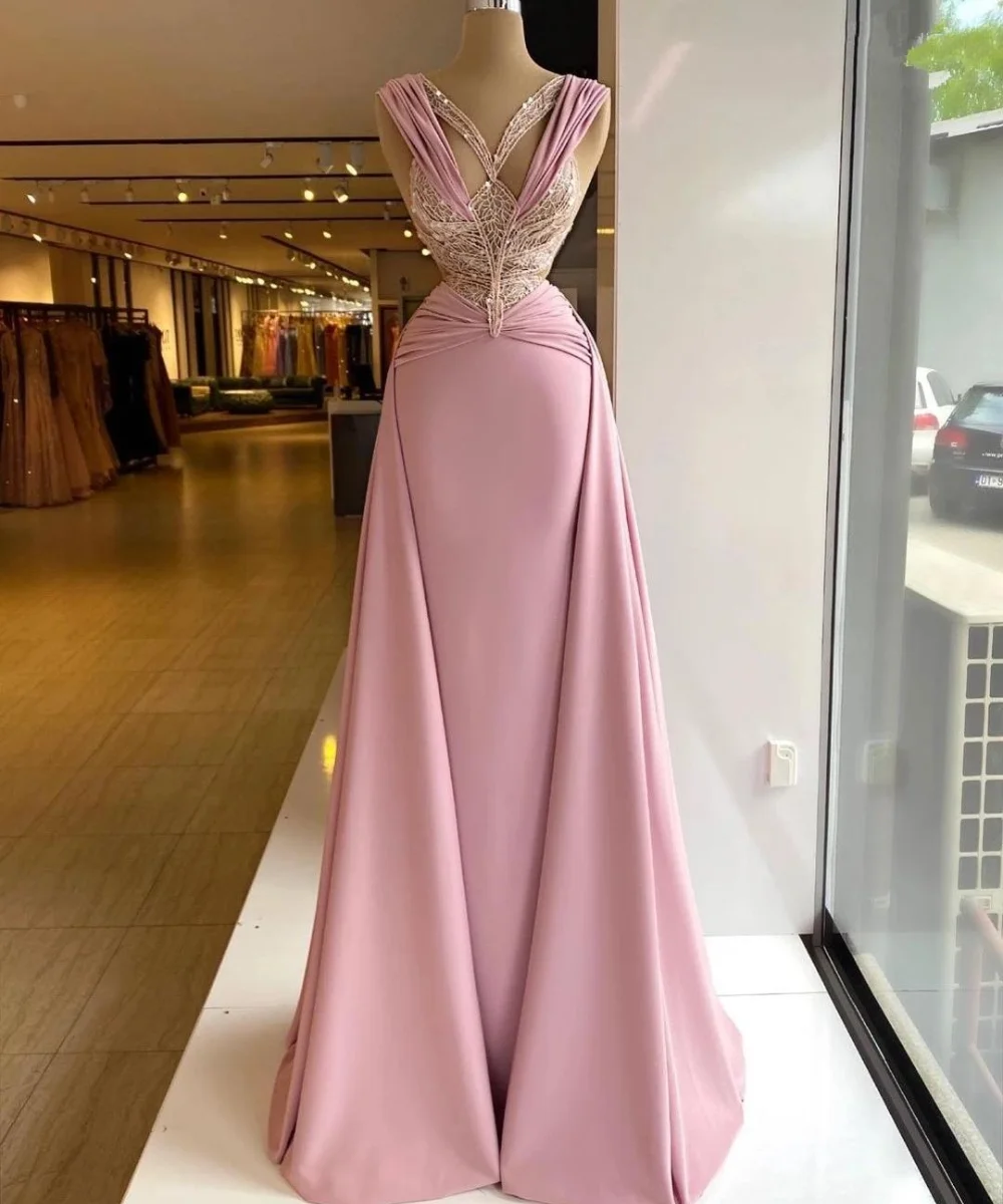 Różowa syrenka sukienka na studniówkę bez rękawów V Neck aplikacje cekiny satynowa koronka Hollow seksowne korowód suknie wieczorowe suknie ślubne