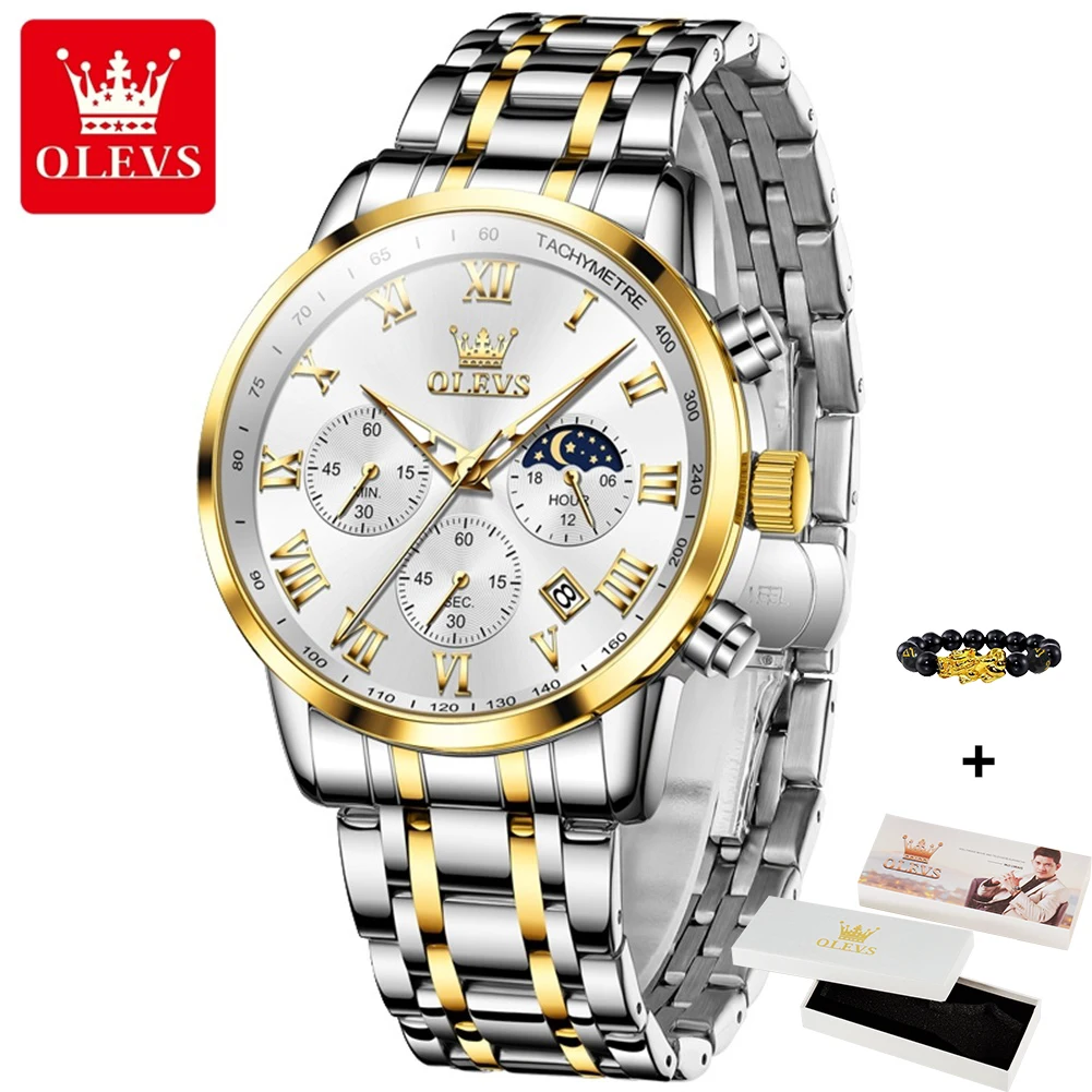 OLEVS-Men\'s Moonswatch Cronógrafo Relógio Quartz, Aço Inoxidável, Impermeável Homem Relógios de Pulso, Roman Escala Relógio Mão, 5529, Novo