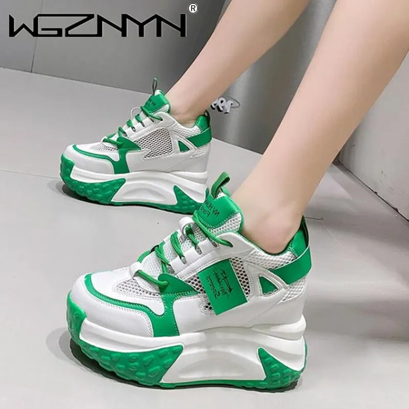 Women High Platform Casual Leather Shoes 2024 New Autumn Lace-up Chunky Sneakers 10CM Wedges Hidden Heels Leisure Shoes Woman