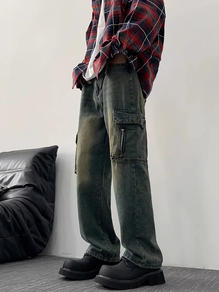

American Sle Workwear Jeans Men's Spring Autumn Trendy Brand Waed Vintage Multi ket Straight Leg Haome Large Size W...