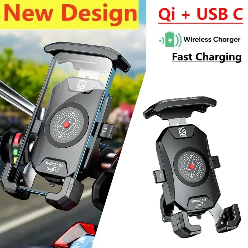 Anti-Theft Motorcycle Wireless Phone Mount Fast Charger Stand 15W & USB C 3A Handlebar Motor Motorbike Holder For 4.0-7.0